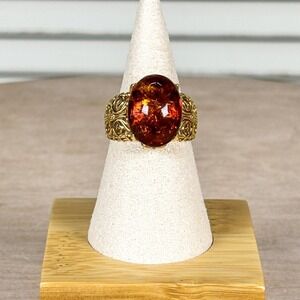 Stauer Baltic Honey Amber Ring Gold Over Sterling Silver Filigree W2008 Size 8